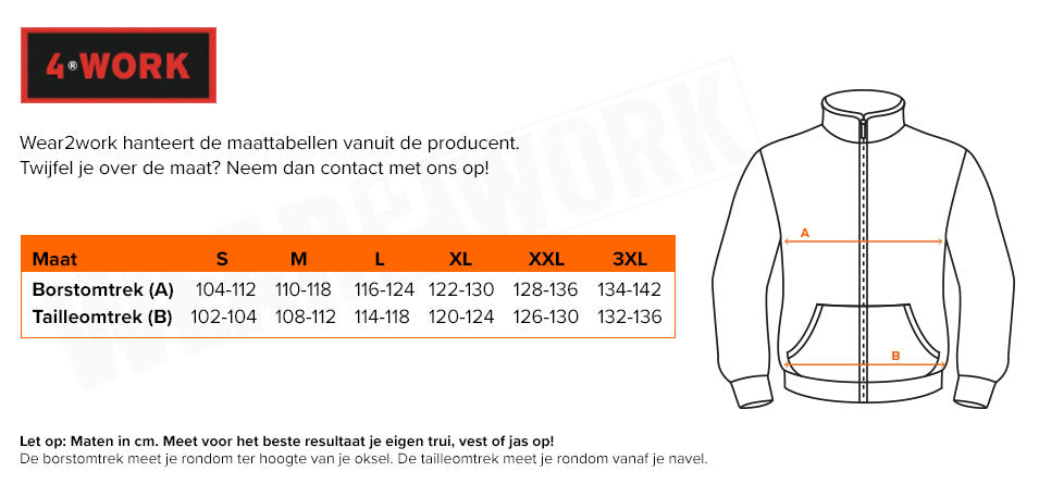 Gevoerde werkjas Barcelona 4-Work - Maattabel