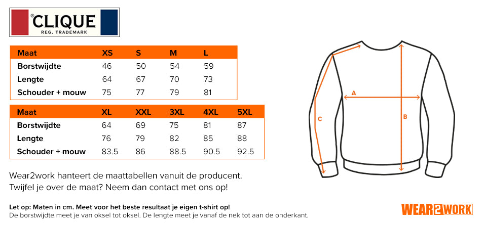 Basic hoodie Clique - Maattabel