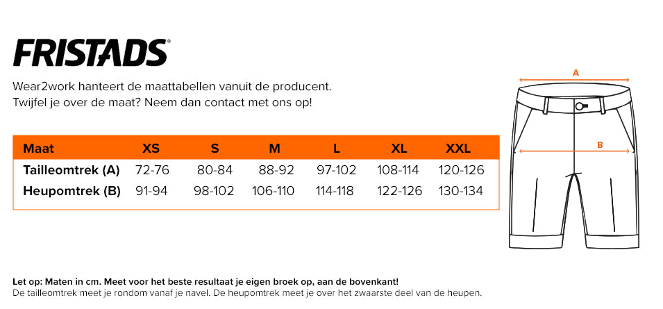 Korte joggingwerkbroek Fristads 2686 - Maattabel