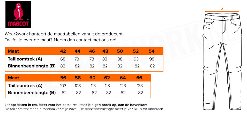 Mascot Accelerate stretch werkbroek 18031 - Maattabel