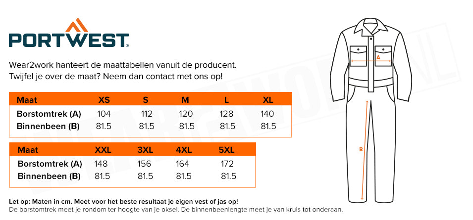 Vlamvertragende overall Portwest Welder - Maattabel