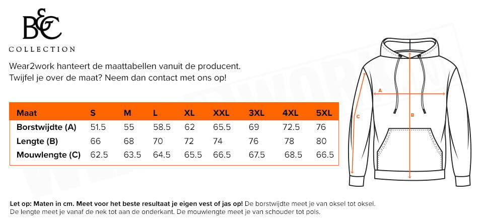 Hoodie B&C - Maattabel