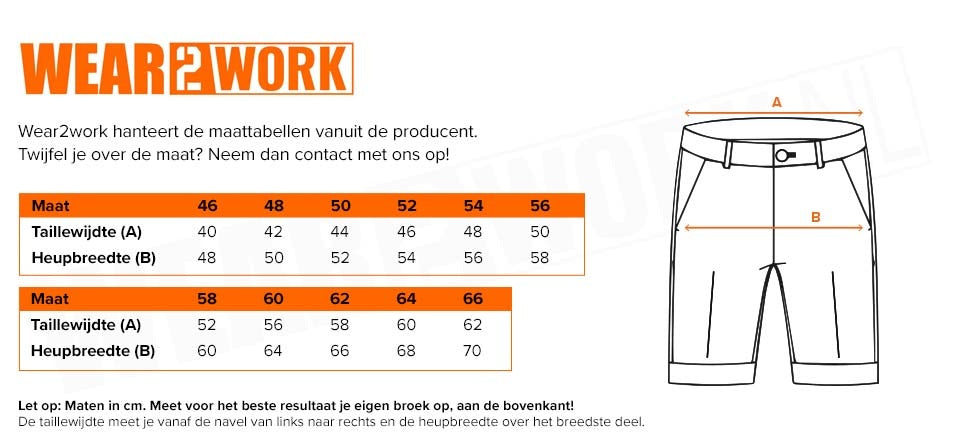 Korte werkbroek Bermuda - Maattabel