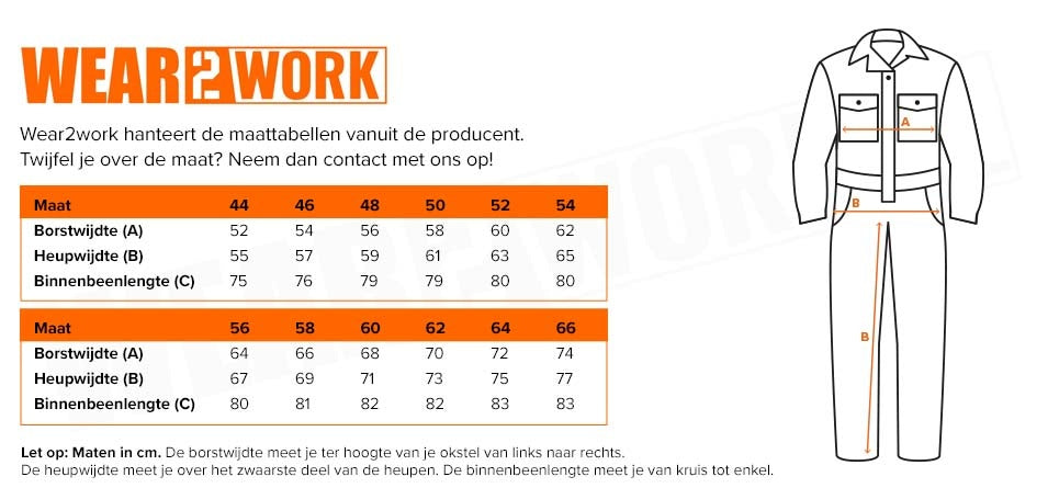 Overall 100% katoen met kniezakken - Maattabel