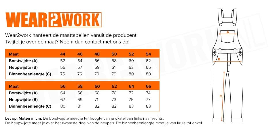 Vlamvertragende Amerikaanse overall - Maattabel