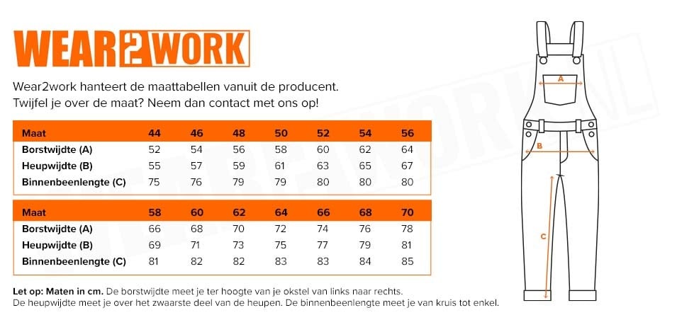 RWS Amerikaanse overall high-visibility oranje - Maattabel