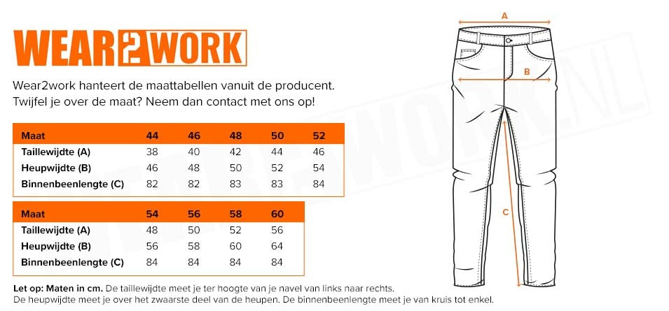 Werkbroek Ripstop Basic - Maattabel