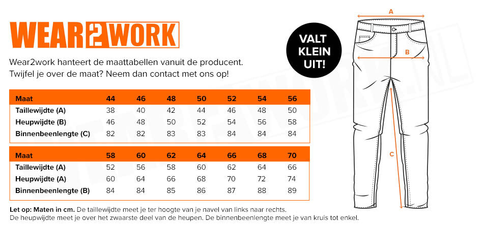 RWS Werkbroek geel - Maattabel