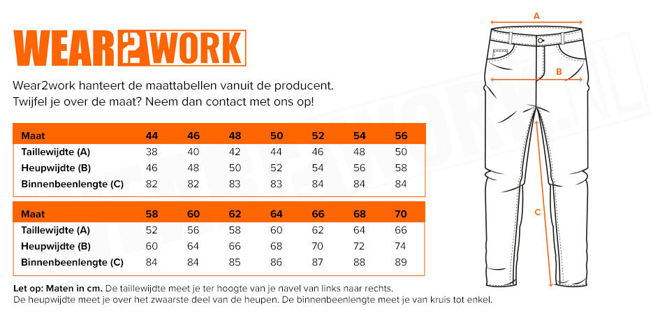 RWS Werkbroek oranje - Maattabel