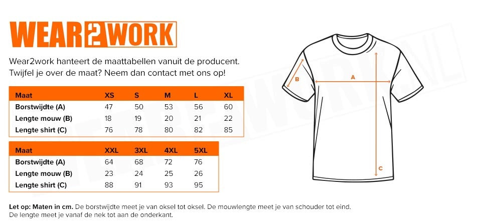 High Vis t-shirt Oranje - Maattabel