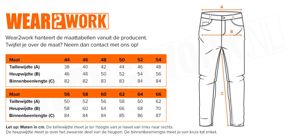 Werkbroek Basic Groen - Maattabel