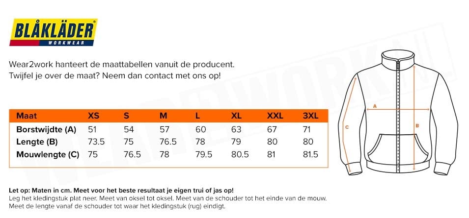 Dames winterjas Blaklader 4972 - Maattabel