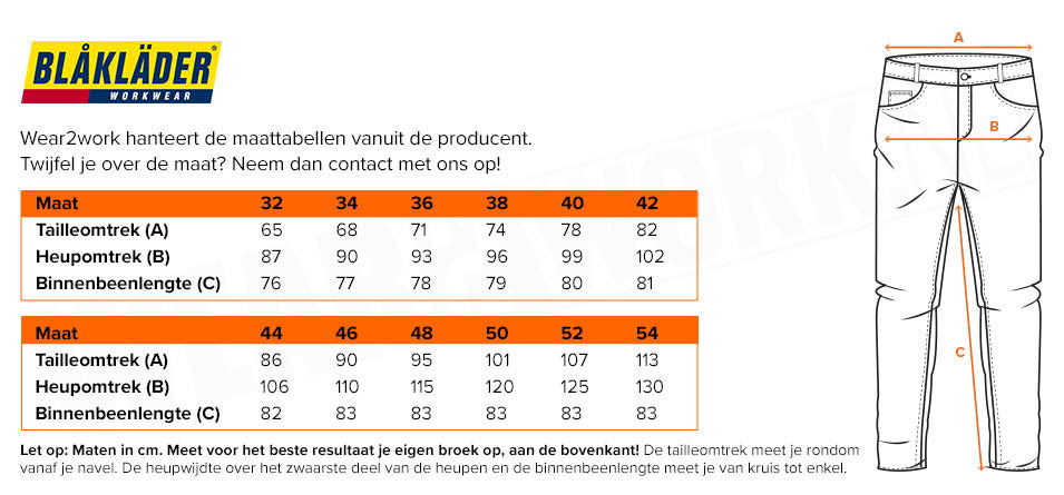 Blaklader dames werkbroek stretch 7132-1832 - Maattabel