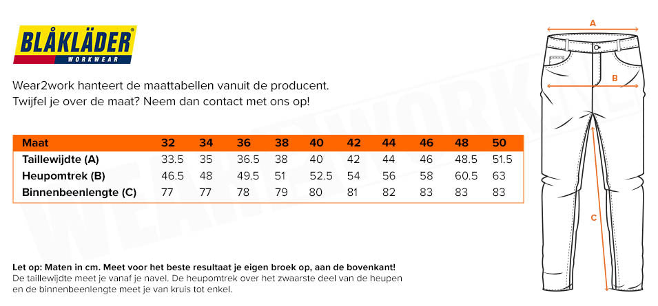 Dames schildersbroek 4-Way stretch Blaklader 7179 - Maattabel