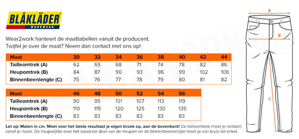 Dames stretch werkbroek Blaklader - Maattabel