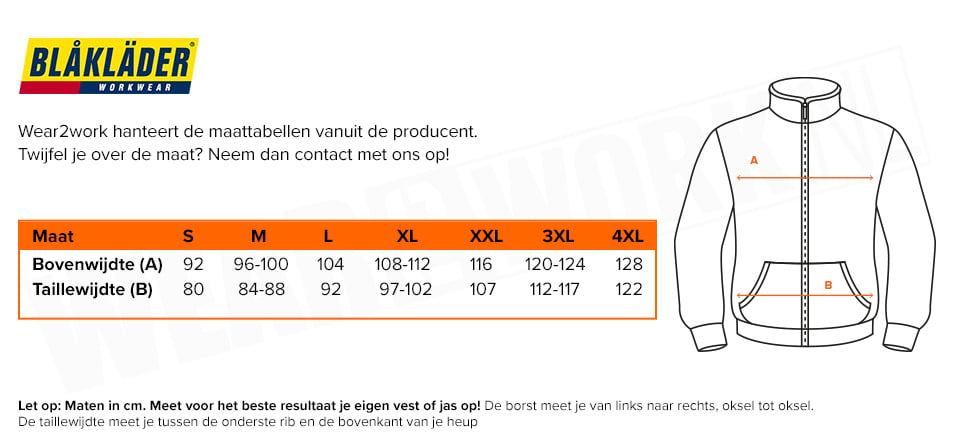 Blaklader schildersvest met capuchon 3363 - Maattabel