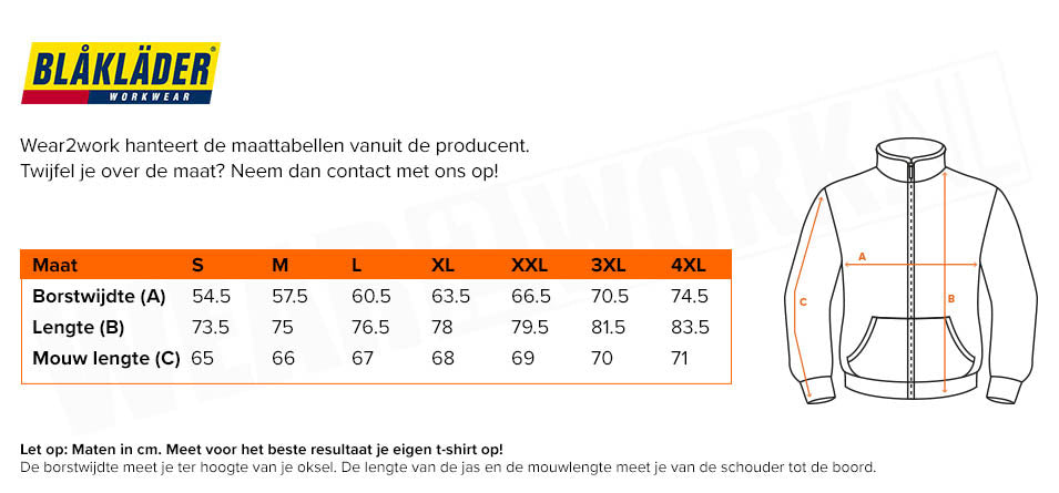 Blaklader softshell jas schilders 4950 - Maattabel