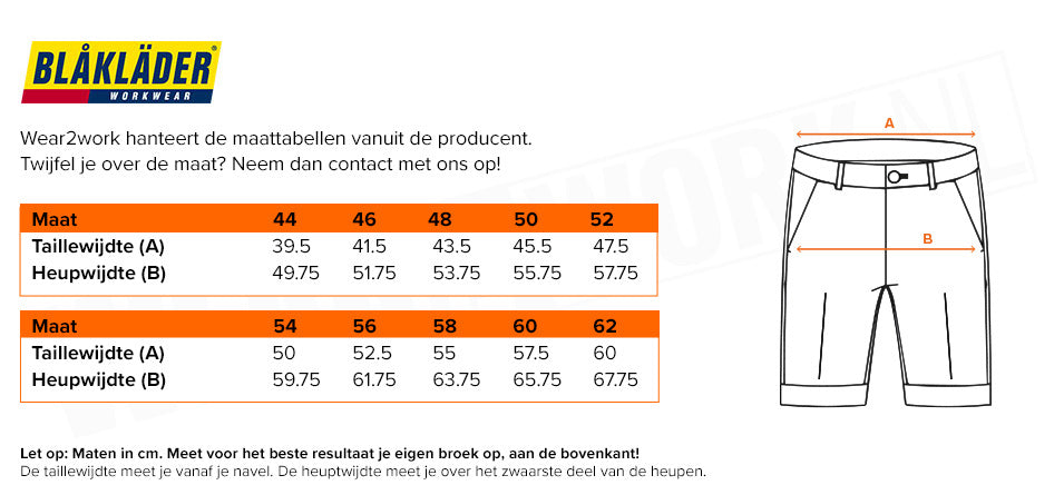 Korte stretch werkbroek Blaklader 1449 Zwart - Maattabel