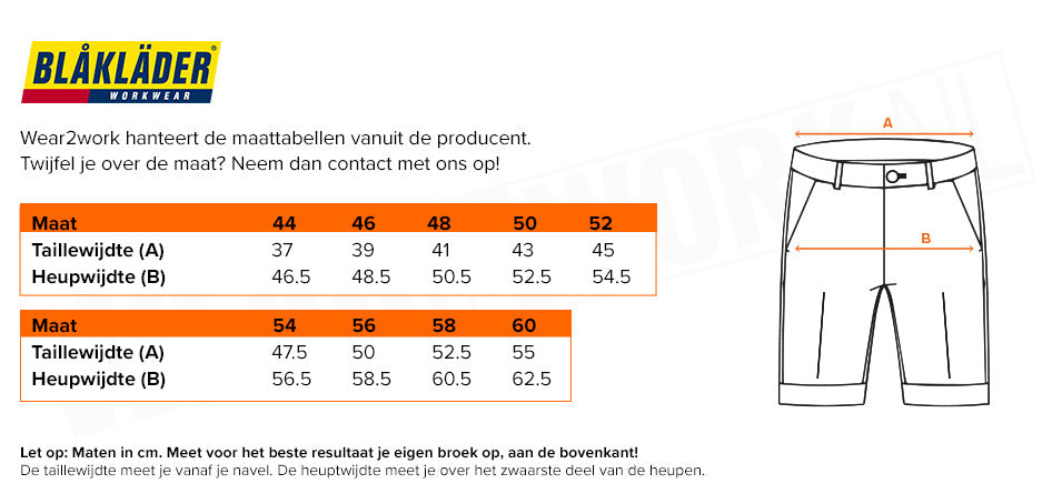 Korte werkbroek Blaklader 4-way stretch 1987 - Maattabel