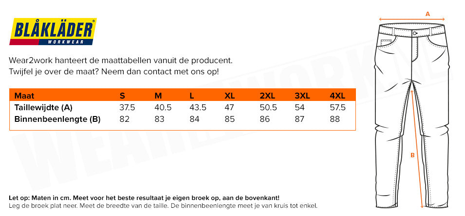 Blaklader regenbroek 1866 - Maattabel