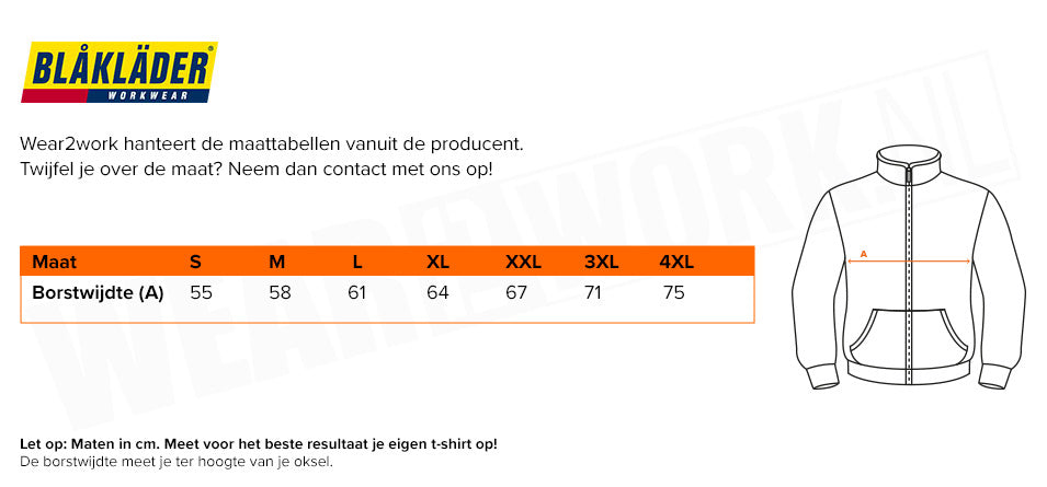 Blaklader schildersvest 3362 - Maattabel