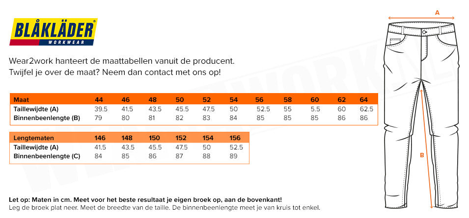 Blaklader schilderswerkbroek stretch 1095 - Maattabel