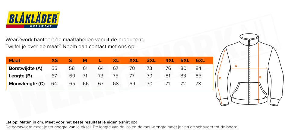 Vlamvertragende sweater Blaklader 3074 - Maattabel