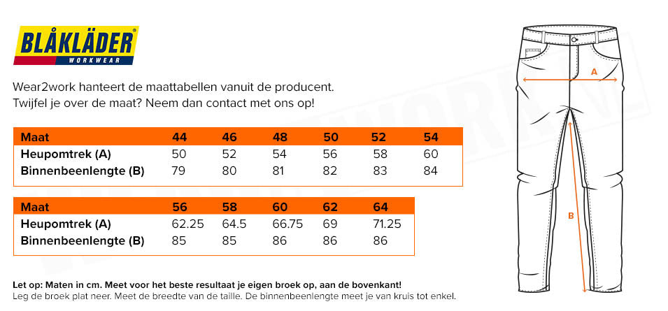 Blaklader werkbroek stretch 1750-1832 - Maattabel