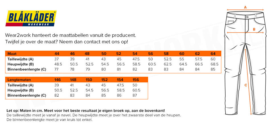 Blaklader schildersbroek 4-Way stretch 1079 - Maattabel