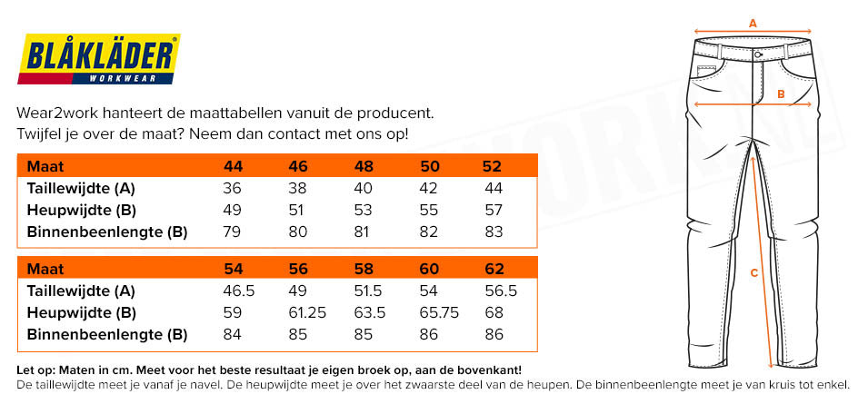 Blaklader service werkbroek 4-way stretch 1422 - Maattabel