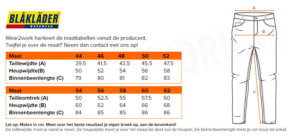 Blaklader werkbroek stretch 1496-1330 - Maattabel