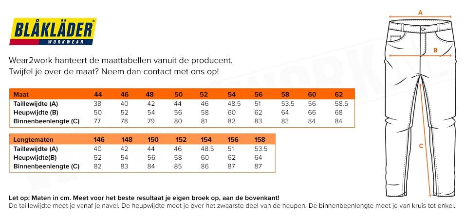 Blaklader Spijkerbroek stretch 1990 - Maattabel