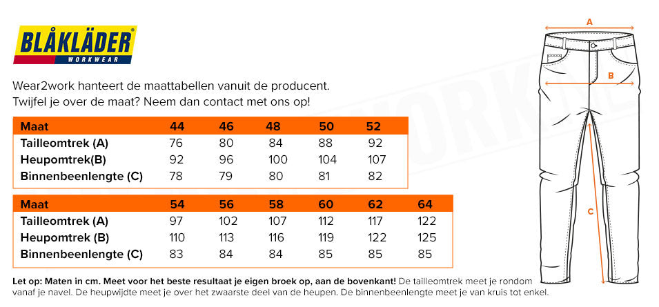 Werkbroek Blaklader 1459-1845 - Maattabel