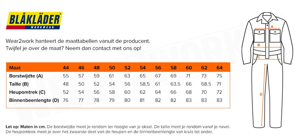 Blaklader overall met stretch 6144 - Maattabel