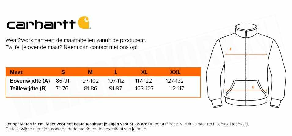 Carhartt gevoerde werkjas Bartlett - Maattabel