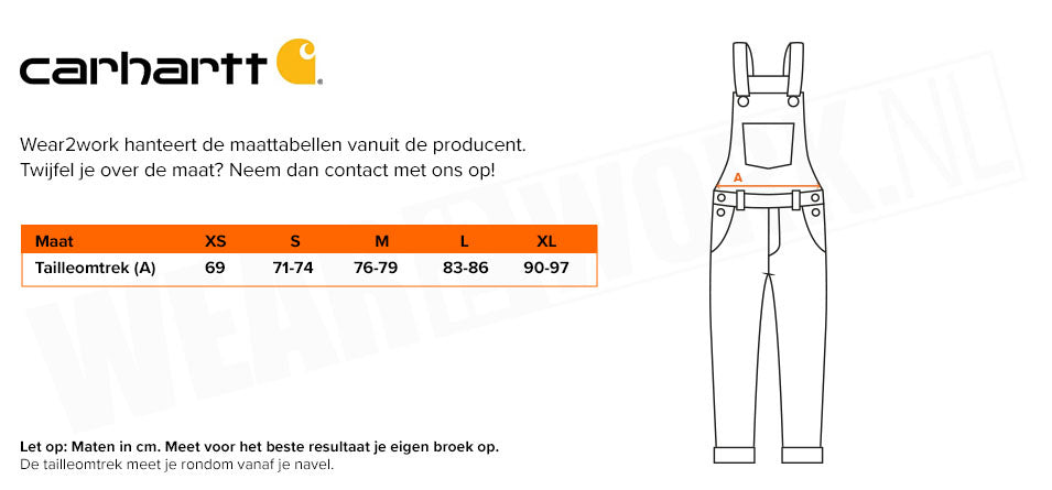 Dames overall Carhartt 106001 bruin - Maattabel