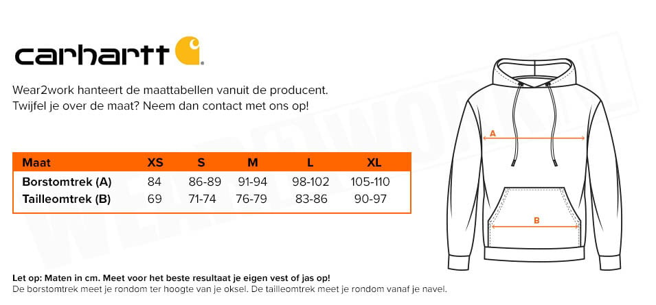 Carhartt dames hoodie - Maattabel