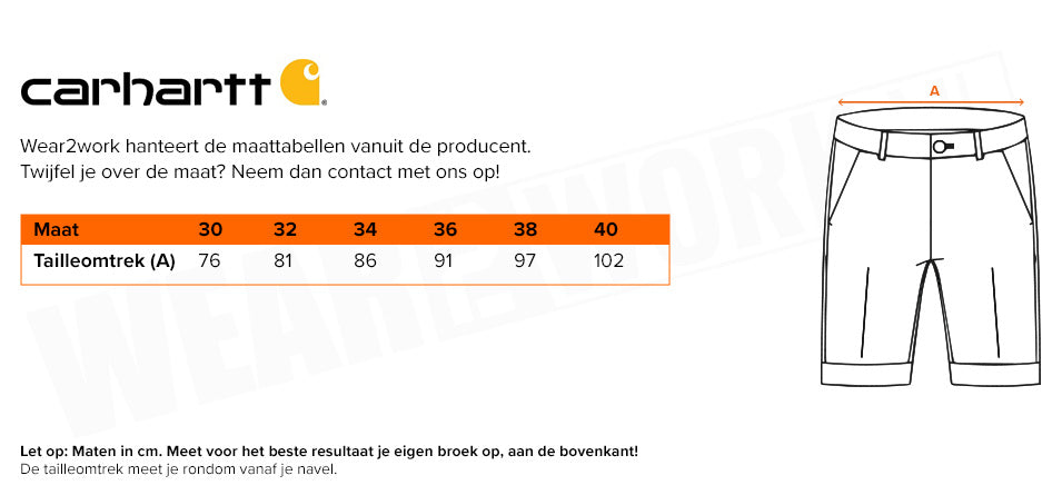 Korte werkbroek Carhartt Rigby Cargo - Maattabel