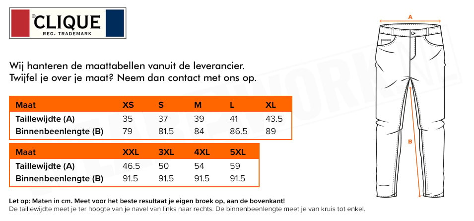 Cargo Clique werkbroek - Maattabel