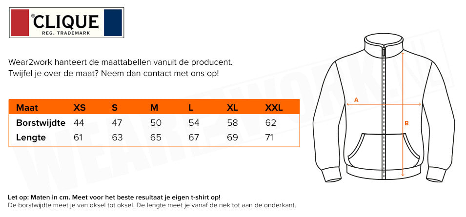 Werksweater dames Premium Clique - Maattabel