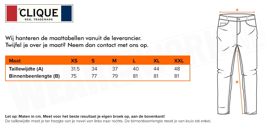 Dames werkbroek Kenai Clique - Maattabel