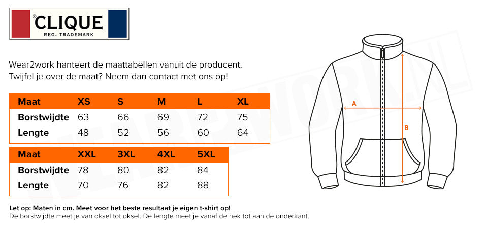 Softshell jas Clique gevoerd - Maattabel