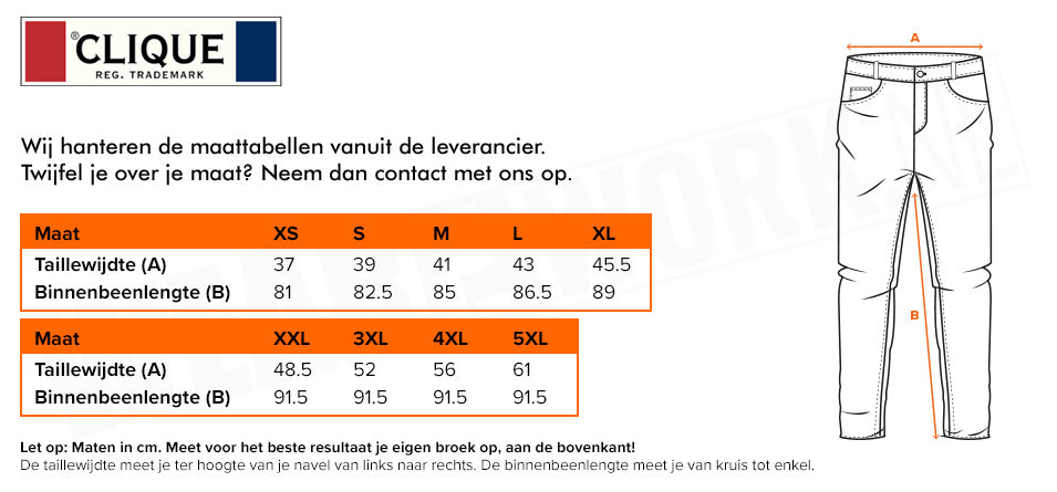 Stretch werkbroek Clique heren - Maattabel