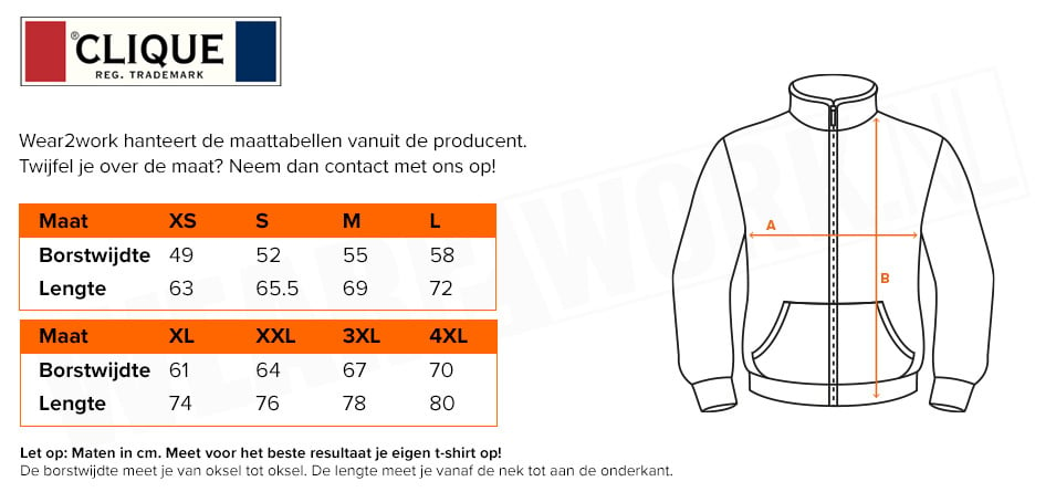 Clique vest Craig - Maattabel