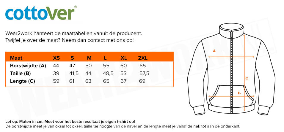 Cottover hoodie dames - Maattabel