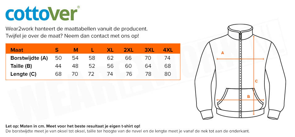 Cottover sweater heren wit - Maattabel