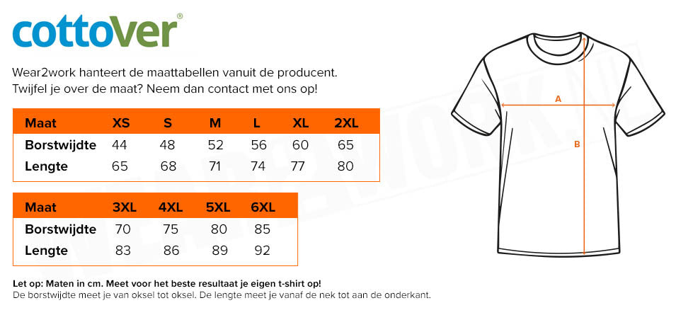 Cottover t-shirt heren - Maattabel