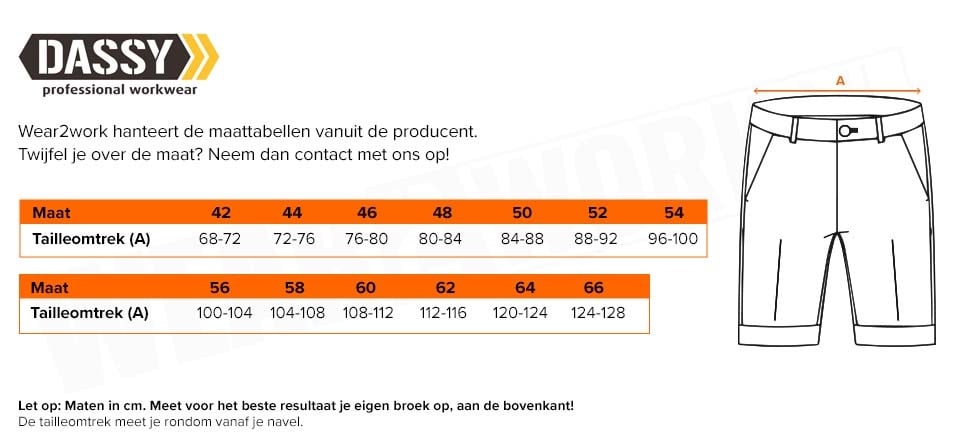 Korte Werkbroek Dassy Monza - Maattabel