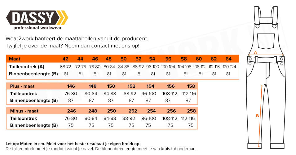 Overall Dassy Versailles Wit - Maattabel