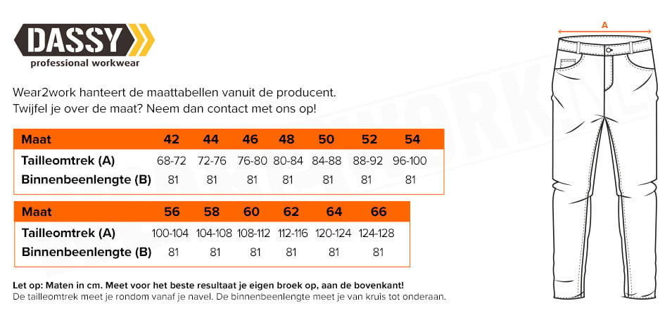 Werkbroek Dassy Vegas - Maattabel